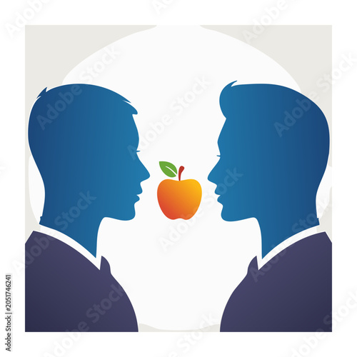 Two heads in profile facing an apple