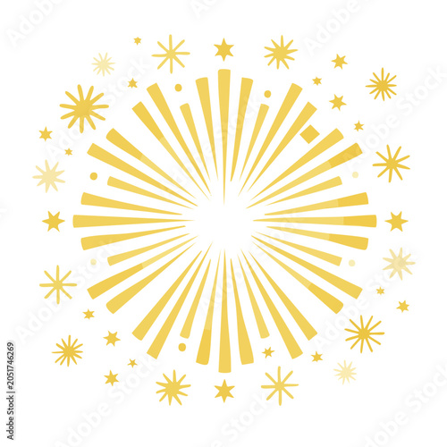 Yellow sunburst with stars and sparkles on white background