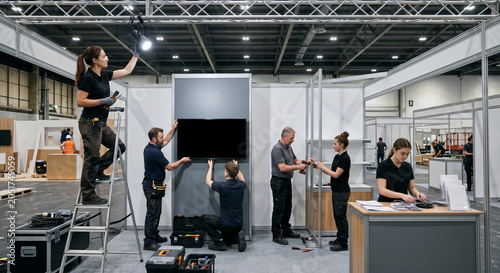 Event management team working together to set up exhibition booth.