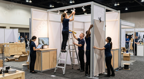 Event management team working together to set up exhibition booth.