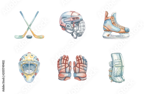 Photography Watercolor Ice Hockey Equipment Icon Set, Soft Pastel Winter Sport Gear Elements