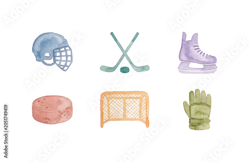 Photography Watercolor ice hockey equipment elements and icons set on white background