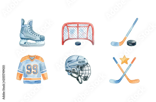 Photography Watercolor ice hockey equipment and elements icon set on white background