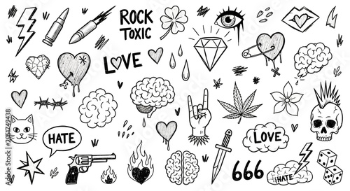 Foto Old school tattoo flash set, hand drawn punk rock doodles with skull and hearts,