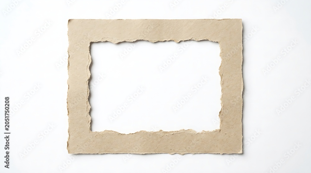 Fototapeta premium A rustic torn-edge paper frame with a blank interior for custom text and images on a white background