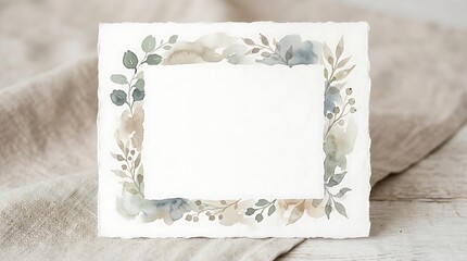 Elegant blank textured card with delicate watercolor botanical frame on soft linen background, perfect for wedding stationery, greeting cards, or bespoke invitations