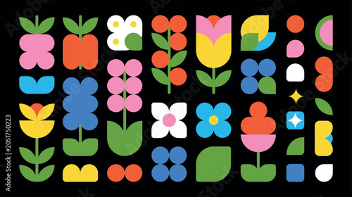 Сolorful flat flowers and fruits, created from simple shapes in Y2K style. Vector futuristic abstract geometric figures and objects for design. Boho style, aesthetics, contemporary art and Bauhaus.