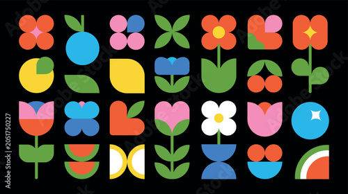 Сolorful flat flowers and fruits, created from simple shapes in Y2K style. Vector futuristic abstract geometric figures and objects for design. Boho style, aesthetics, contemporary art and Bauhaus.  