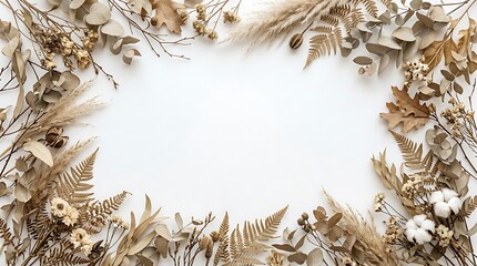 Elegant autumnal frame crafted from dried natural botanical elements and pampas grass on a clean white background, perfect for rustic and boho designs