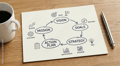 Sketch of business planning cycle on paper with coffee and pen