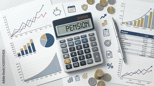 Pension calculator and financial investment charts on desk