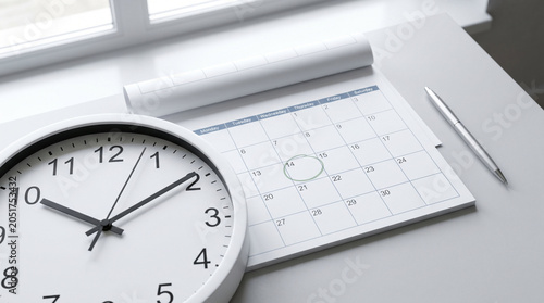 Wall clock and calendar with circled date on desk