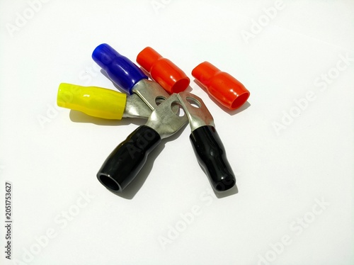 Canvas Print Group of colorful insulated ring terminal cable lugs on white background