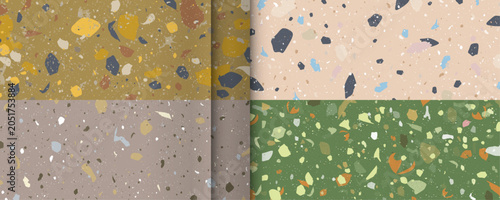 Set seamless terrazzo patterns. Natural colors Pattern for ceramics marble natural stone. Vector stock illustration textured shapes in vibrant colors