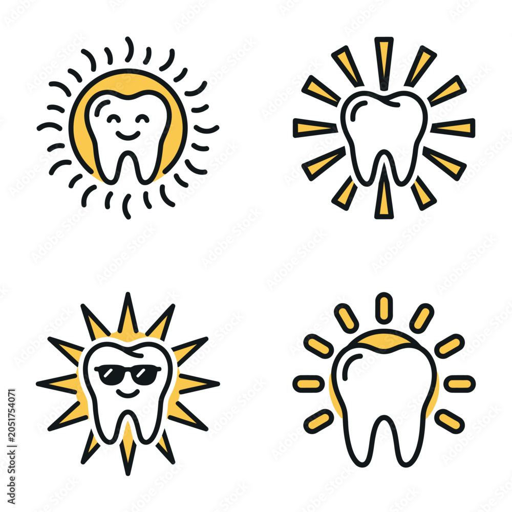 Fototapeta premium Cartoon tooth icons with sun rays.