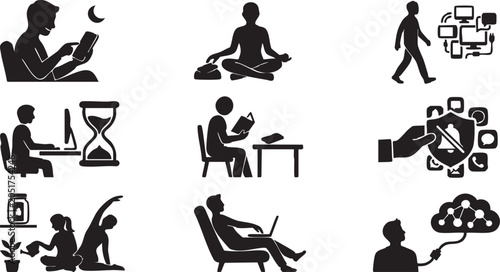 Quadro su tela Digital Detox and Technology Balance Icon Set Vector; Conceptual Silhouettes for