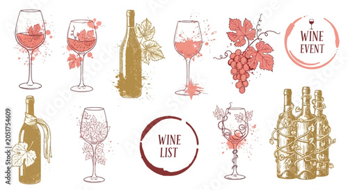 Cuadro en lienzo Hand Drawn Wine Collection with Bottles, Glasses, Grapes and Vine Leaves for Eve