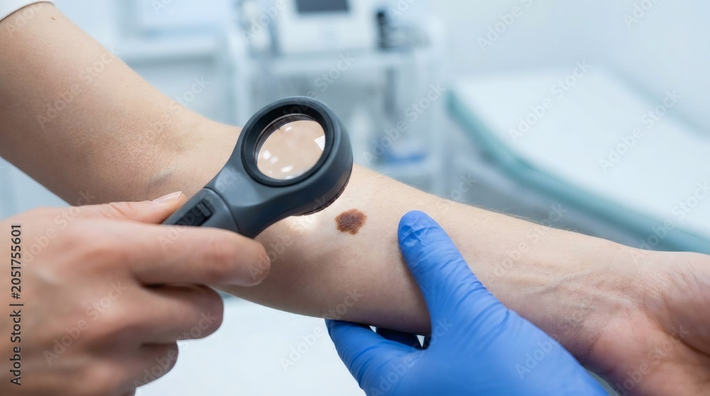 Fototapeta premium Doctor examining a mole on a patients arm with a dermatoscope in a clinic