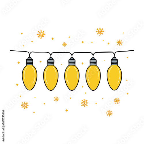 Yellow string lights with snowflakes
