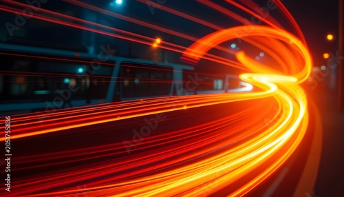 Vibrant orange light trails curve around a nighttime highway on-ramp.