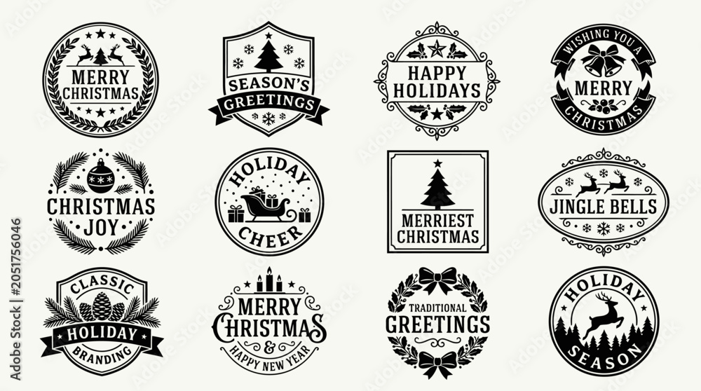 Fototapeta premium Black and white Christmas holiday seals.