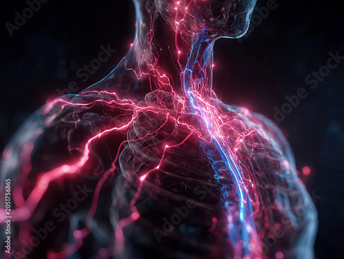 Transparent human torso, chaotic red electrical noise, smoothed out blue flow, central vagus nerve, homeostasis, volumetric lighting, cinematic, ultra-realistic, 8K, detailed rendering - AI-Generated