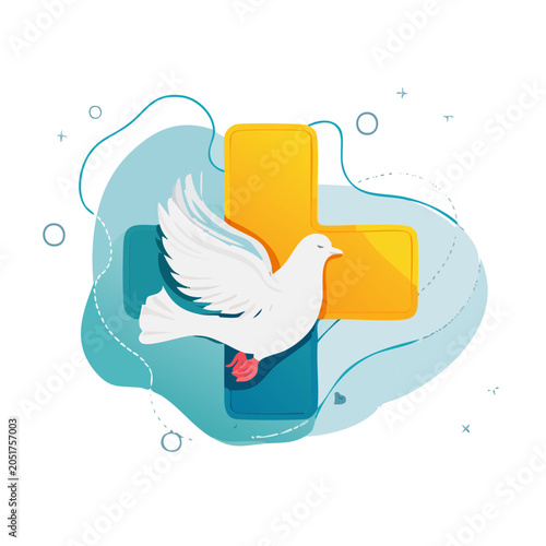 White dove flying over a cross with abstract shapes