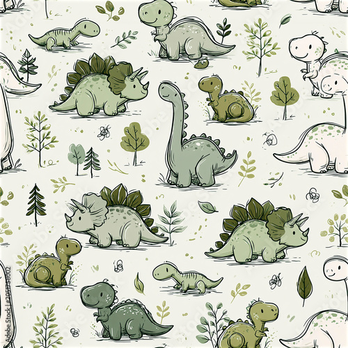 seamless children pattern, stylized dinosaurs