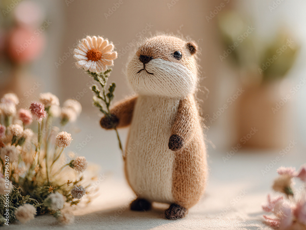 Fototapeta premium A cute, brown marmot-like stuffed toy stands on hind legs against a soft, blurred, natural background in an embroidered illustration The toy holds a yellow flower and is perched on a w - AI-Generated
