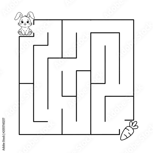 Simple line art maze puzzle worksheet for children with rabbit and carrot