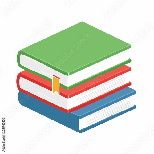 Stack of three colorful books with a bookmark