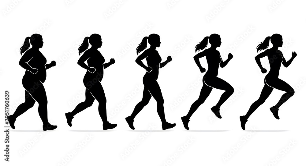 Fototapeta premium Evolution of female body slimming down while running. Body stage progress infographic silhouette