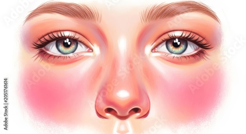 Gentle artistic rendering of facial features featuring luminous gazes and flushed aesthetic tones in a delicate pastel painterly style, focus, drawing, tone