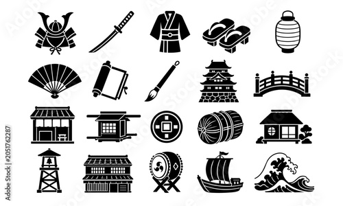 Fotografi Edo Period Japanese Culture Icon Set