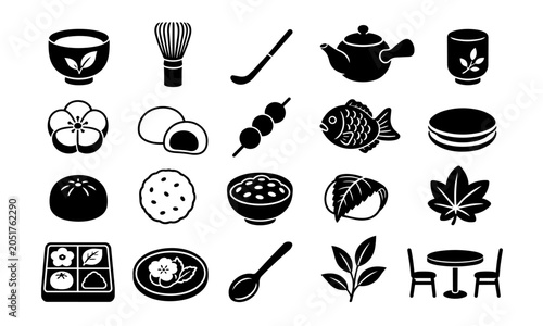 Billede på lærred Japanese Wagashi Sweets and Matcha Tea Icon Set