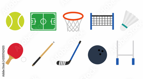 Photos Collection of various sports equipment icons.