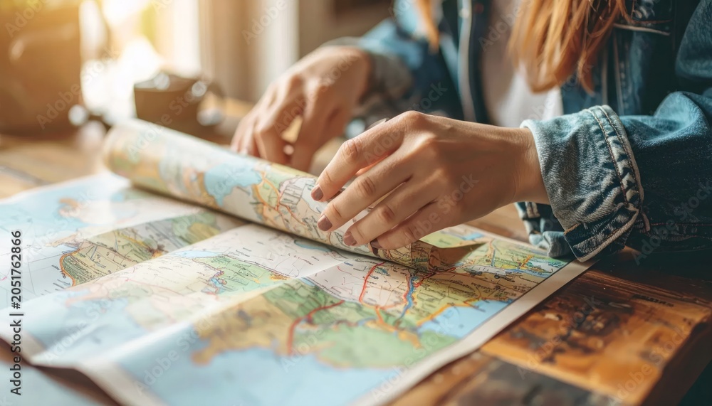 Fototapeta premium Traveler examines a map, fingers guiding folds on wooden table, sunlight