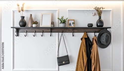 A wall-mounted shelf with hooks displays decor and hanging coats