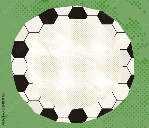 Round soccer ball frame with halftone paper texture, Hexagon pattern circle border for sport invitations, planners and posters