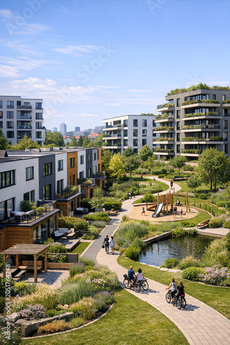 A contemporary residential building with a landscaped courtyard featuring seating areas, a pond, and a play area for children. People are enjoying the outdoor spaces on a sunny day.