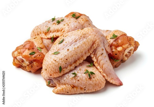 Fresh raw chicken wings marinated in a savory blend of herbs and spices, isolated on a white background with clean professional studio lighting, ingredient, delicious, snack