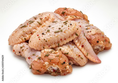 Fresh raw chicken wings marinated in a savory blend of herbs and spices, isolated on a white background with clean professional studio lighting, lighting, raw, bbq
