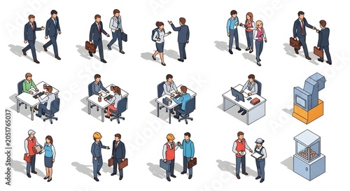 Isometric corporate business people office workflow elements characters pack vector