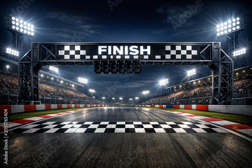 A modern electric racing track with a finish line in the evening, featuring an illuminated checkered flag and grandstand lights on.