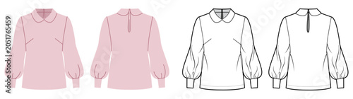Top with long puff sleeves, rounded collar and fitted silhouette with shaping seams. Technical fashion illustration in black and white and color, front and back views, apparel CAD template. Vector