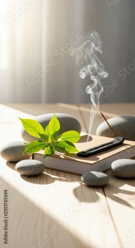 Minimalist meditation space with a hardcover journal, incense smoke, smooth river stones, and green leaves bathed in soft morning sunlight, tranquil, leaves, indoor
