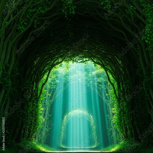 Mystical rays of light pierce through a lush green canopy of interlocking branches creating a serene natural tunnel over a hidden path, ethereal, outdoors, vegetation