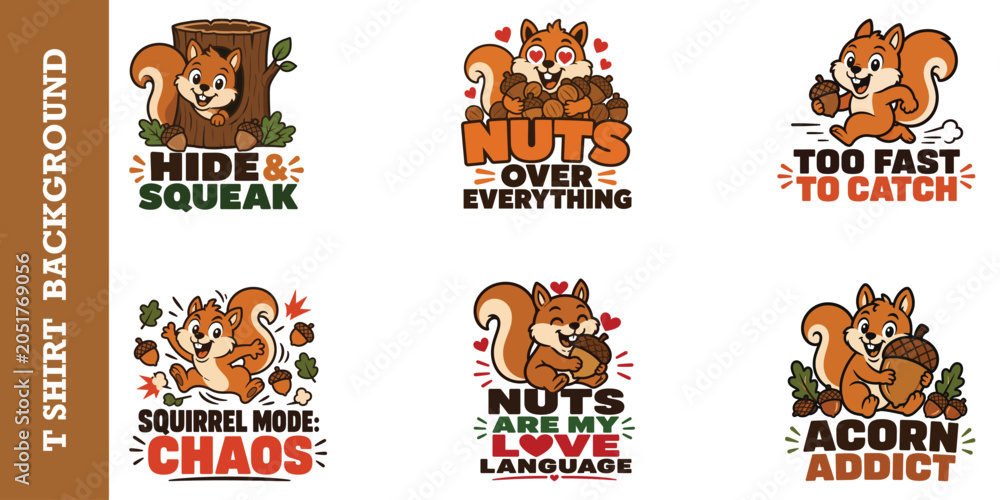 Fototapeta premium Adorable squirrel character sticker pack with funny food related slogans for tshirt art.