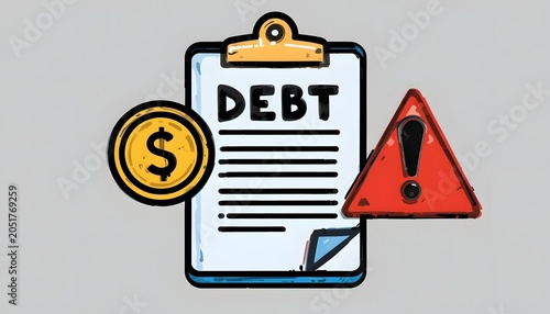 Debt warning concept with dollar coin, clipboard, and red alert sign in flat design illustration