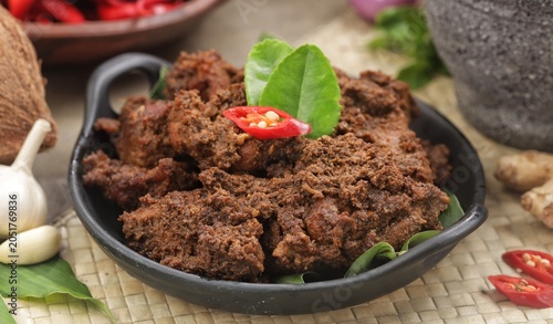 Rendang sapi is a meat-based dish produced from a long, low temperature cooking process using various spices and coconut milk.